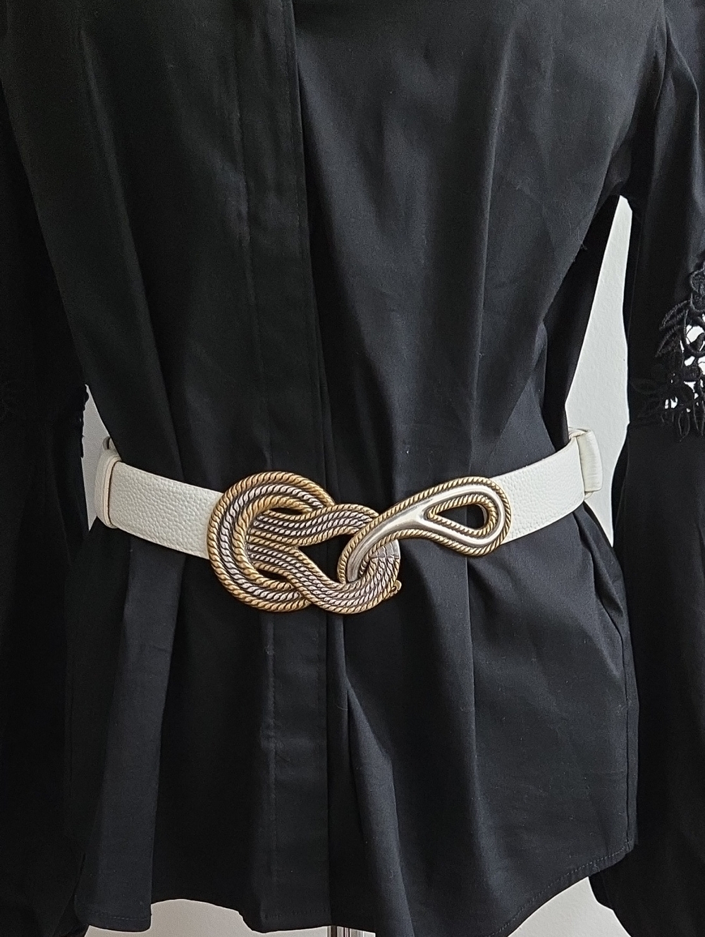 Chico's White Leather Belt with Gold Knot Accent/adjustable/ML Size.